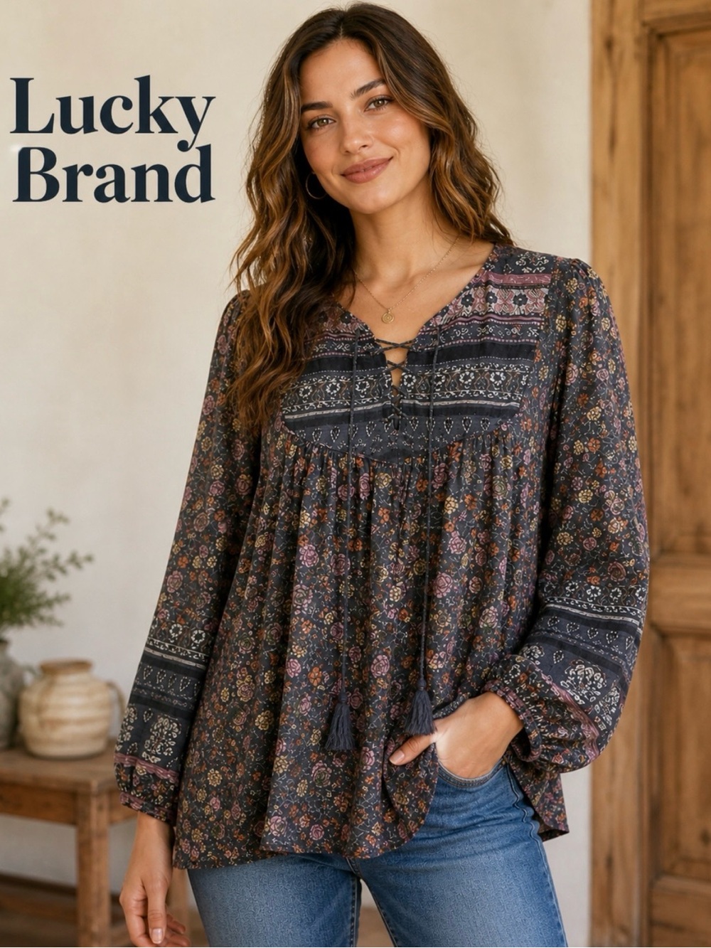 Lucky Brand Festival Ready Boho Top Tassel Tie Size L